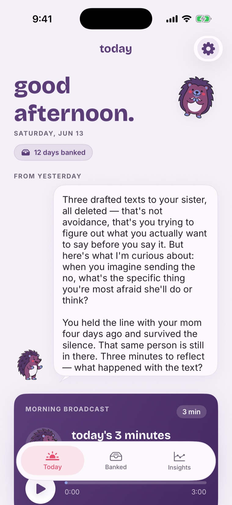 The Gumption home screen — Gus's next-morning note threading what you said yesterday